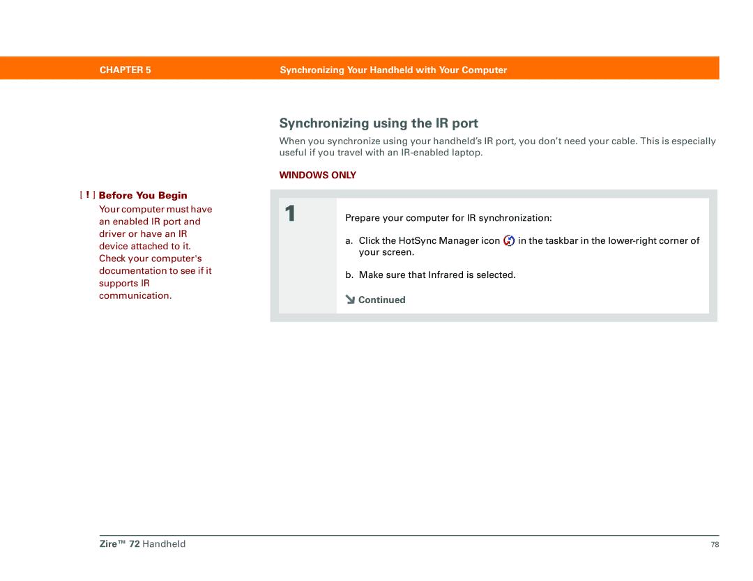Palm Zire 72 manual Synchronizing using the IR port 