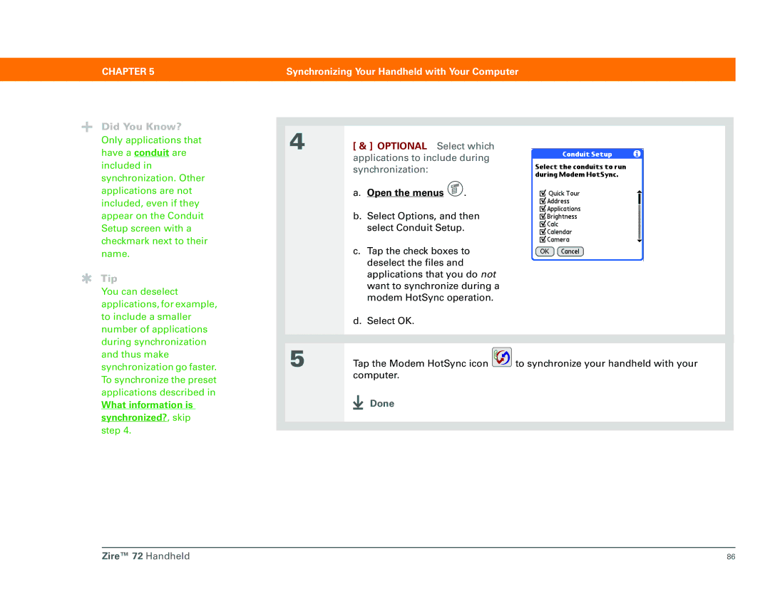 Palm manual What information is synchronized?, skip, Done Zire 72 Handheld 