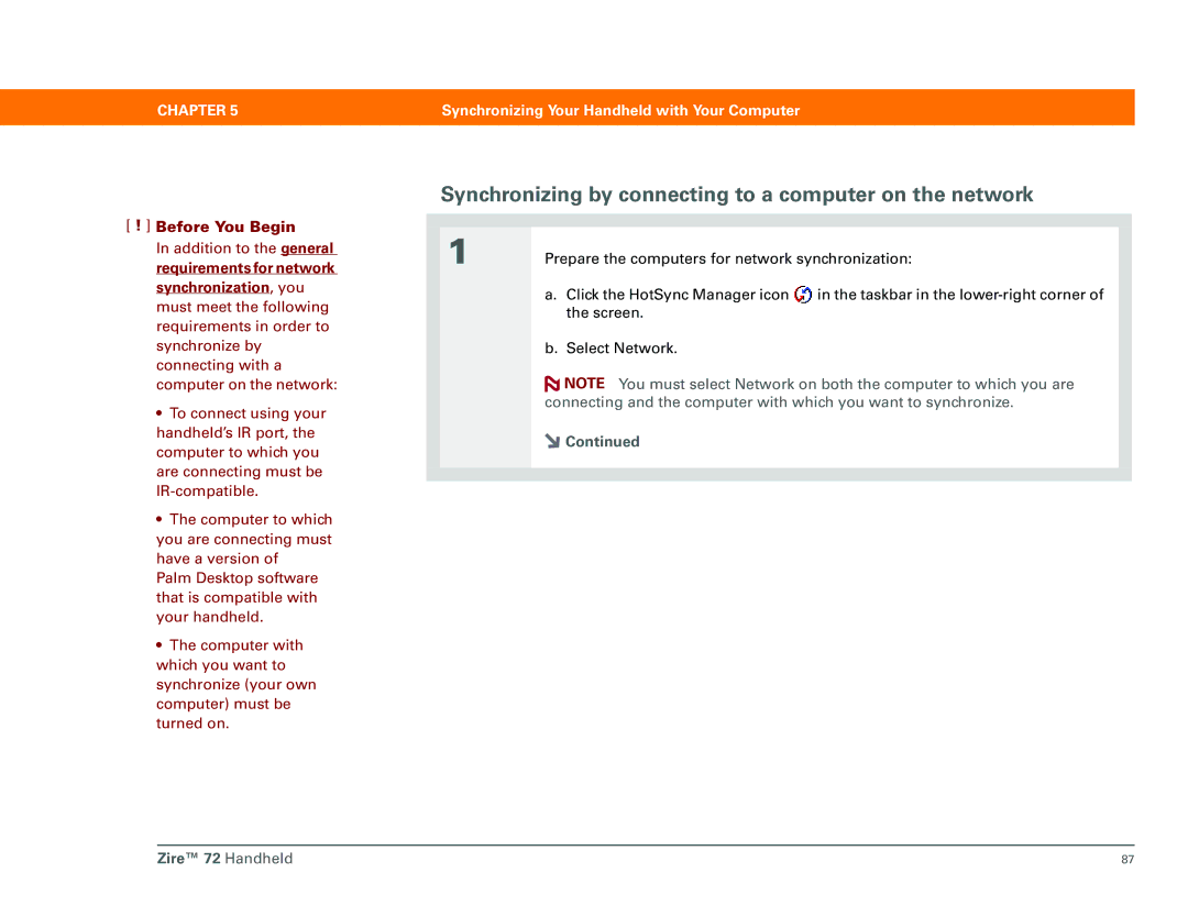Palm Zire 72 manual Synchronizing by connecting to a computer on the network 
