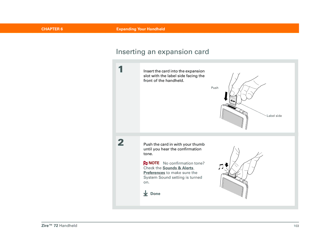 Palm manual Inserting an expansion card, Done Zire 72 Handheld 