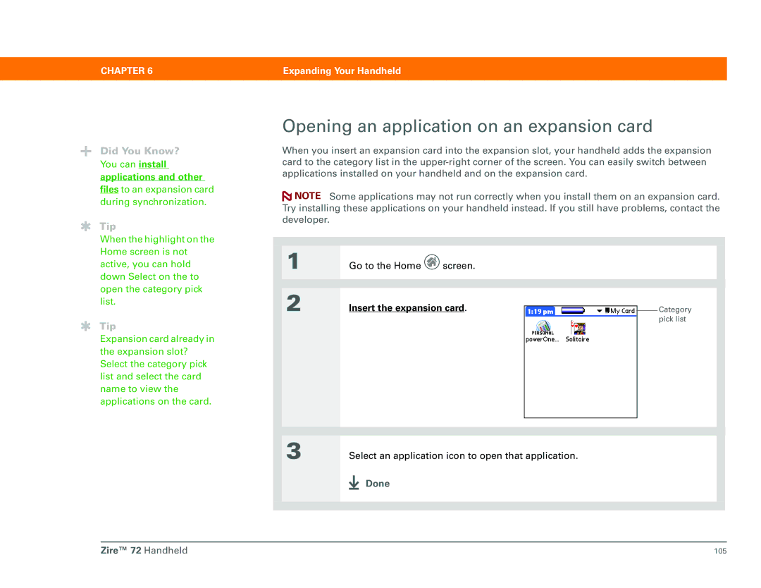 Palm Zire 72 manual Opening an application on an expansion card, Done 