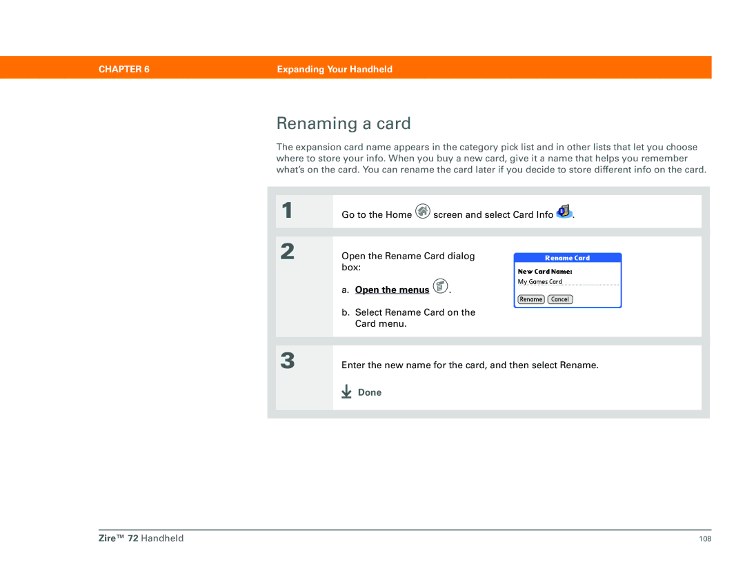 Palm Zire 72 manual Renaming a card 