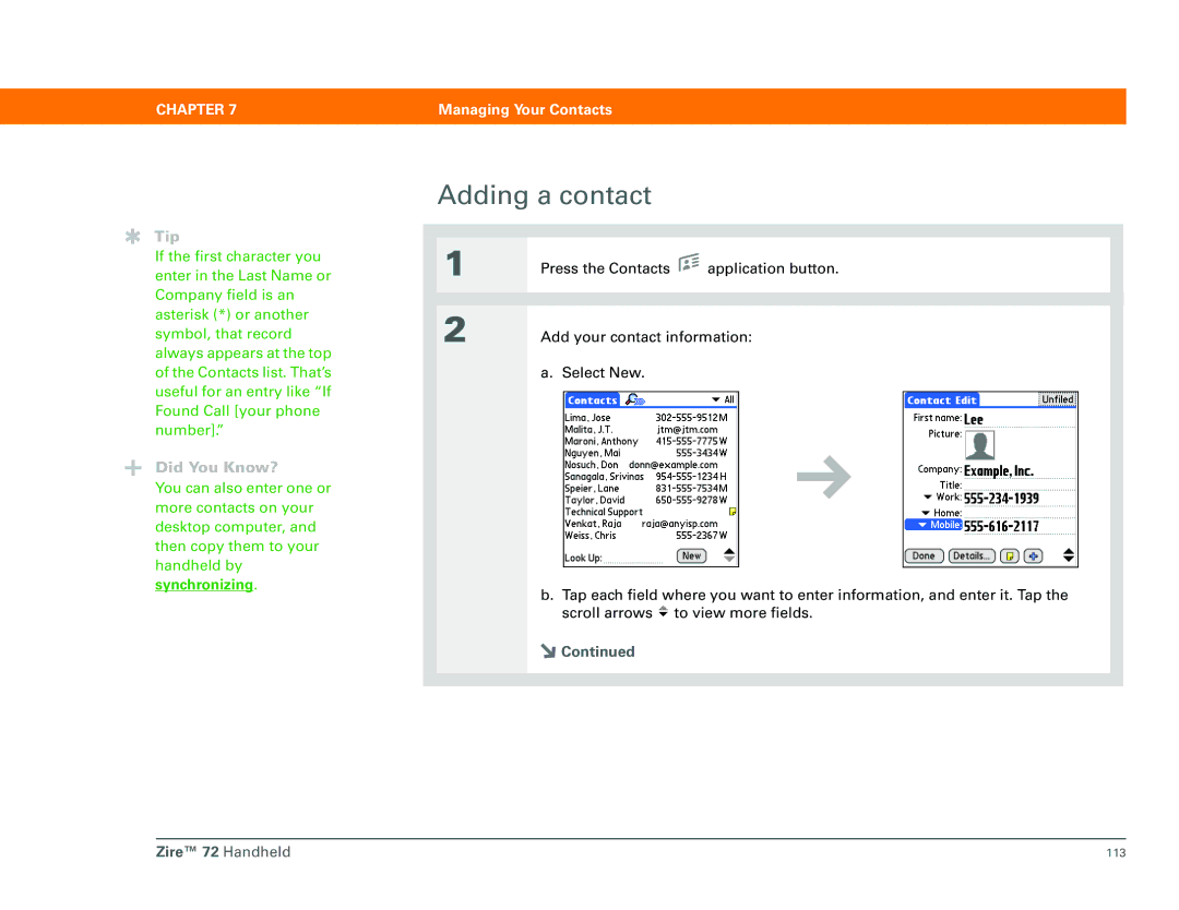 Palm Zire 72 manual Adding a contact, Synchronizing 
