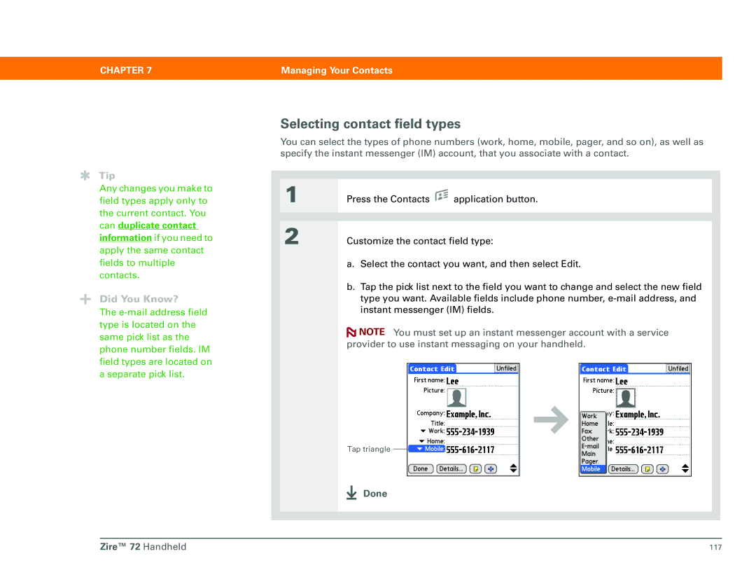 Palm Zire 72 manual Selecting contact field types, Can duplicate contact information if you need to 