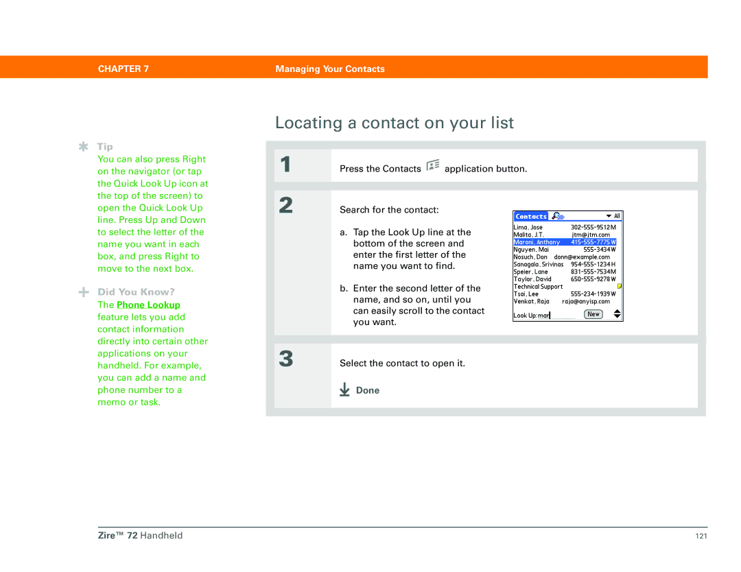 Palm Zire 72 manual Locating a contact on your list, Done 