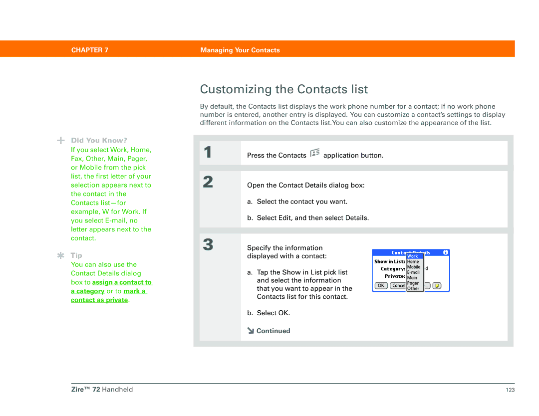 Palm Zire 72 manual Customizing the Contacts list 