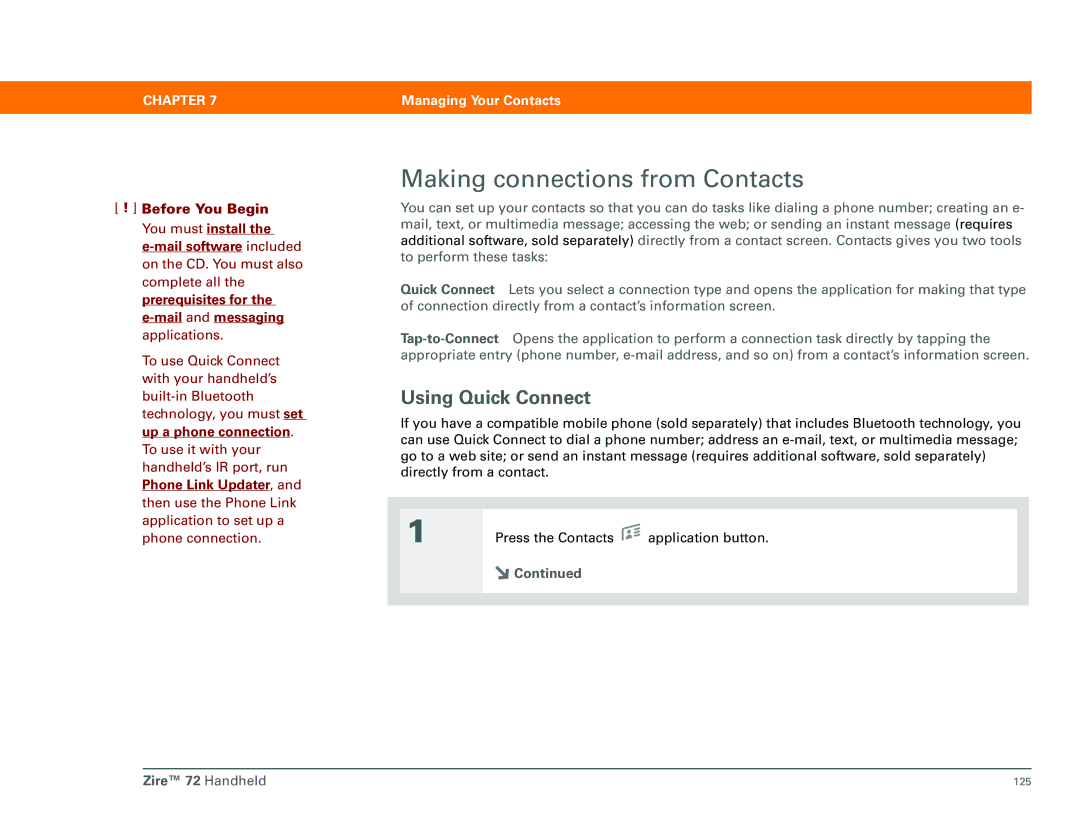 Palm Zire 72 manual Making connections from Contacts, Using Quick Connect 