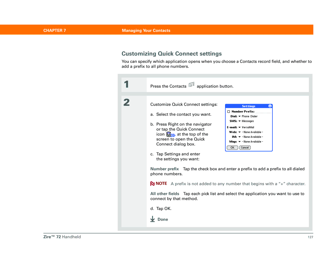 Palm Zire 72 manual Customizing Quick Connect settings 