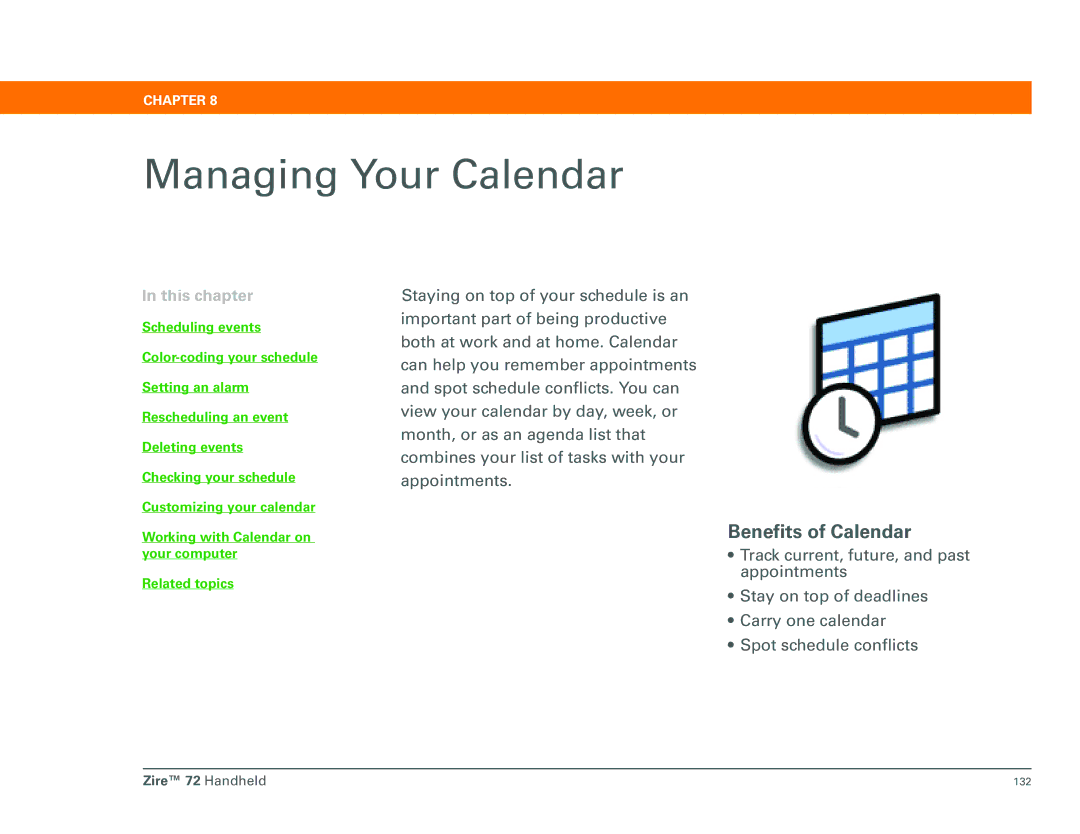 Palm Zire 72 manual Managing Your Calendar, Benefits of Calendar 