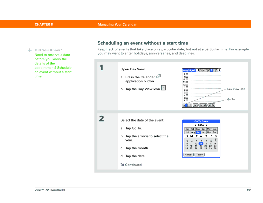 Palm Zire 72 manual Scheduling an event without a start time, Appointment? Schedule an event without a start time 