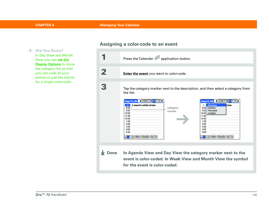 Palm Zire 72 manual Assigning a color-code to an event 