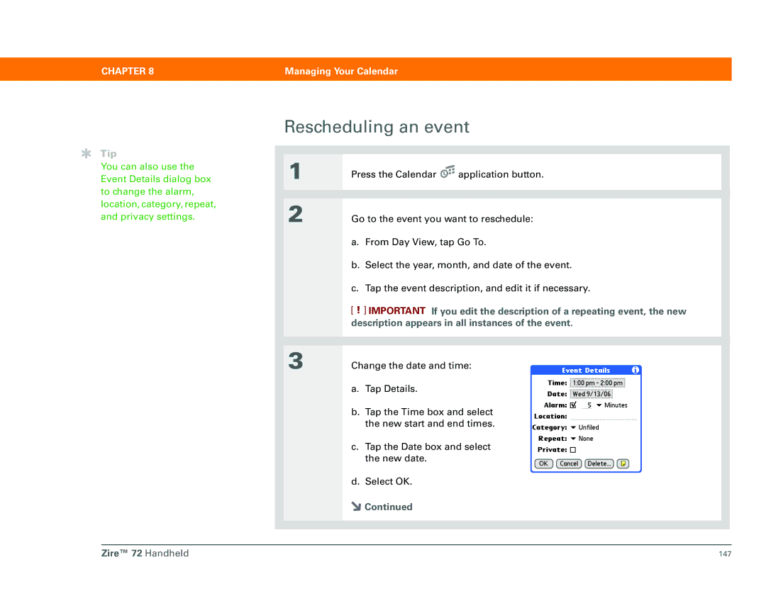 Palm Zire 72 manual Rescheduling an event 