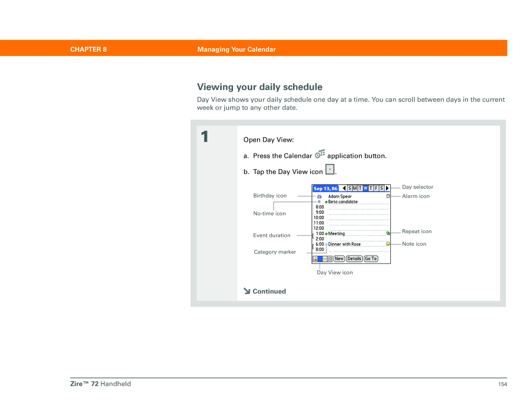 Palm Zire 72 manual Viewing your daily schedule 