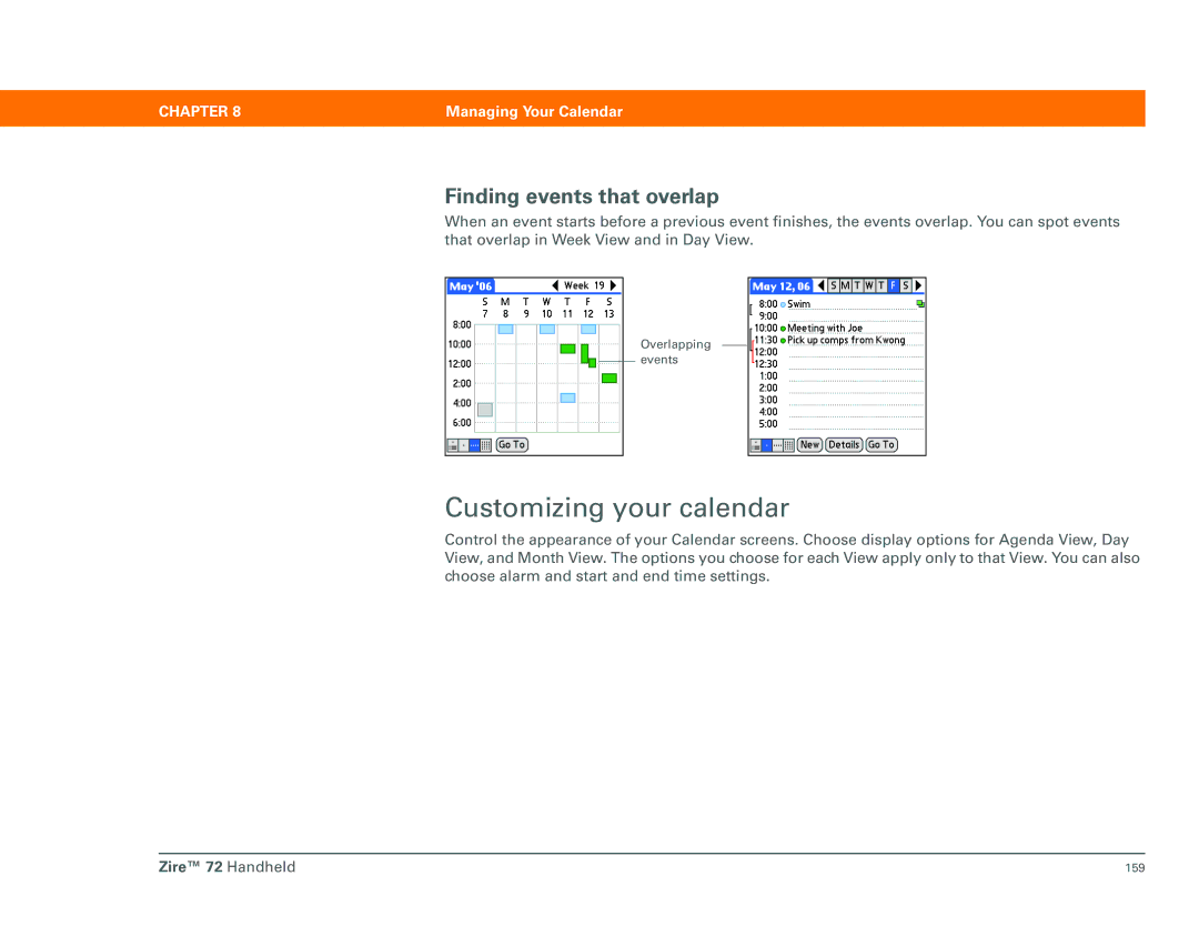 Palm Zire 72 manual Customizing your calendar, Finding events that overlap 