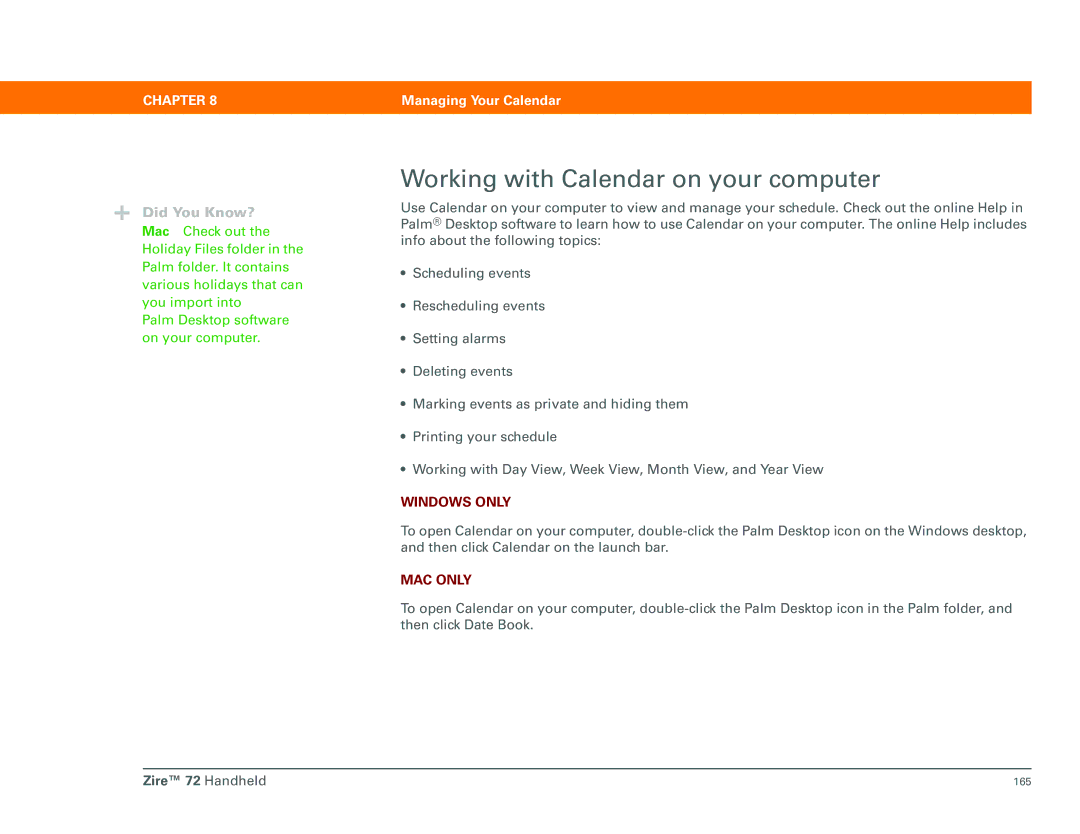 Palm Zire 72 manual Working with Calendar on your computer 