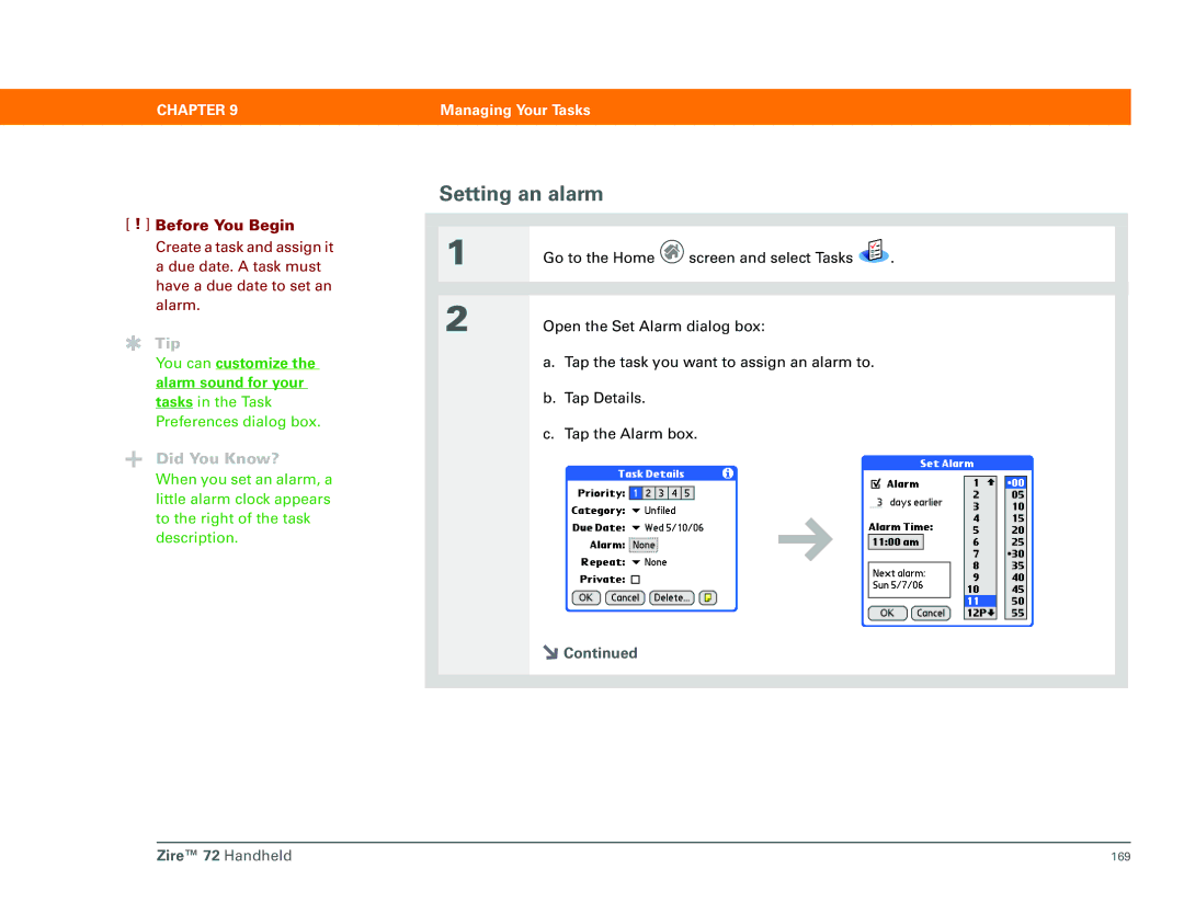 Palm Zire 72 manual Setting an alarm, You can customize the alarm sound for your 