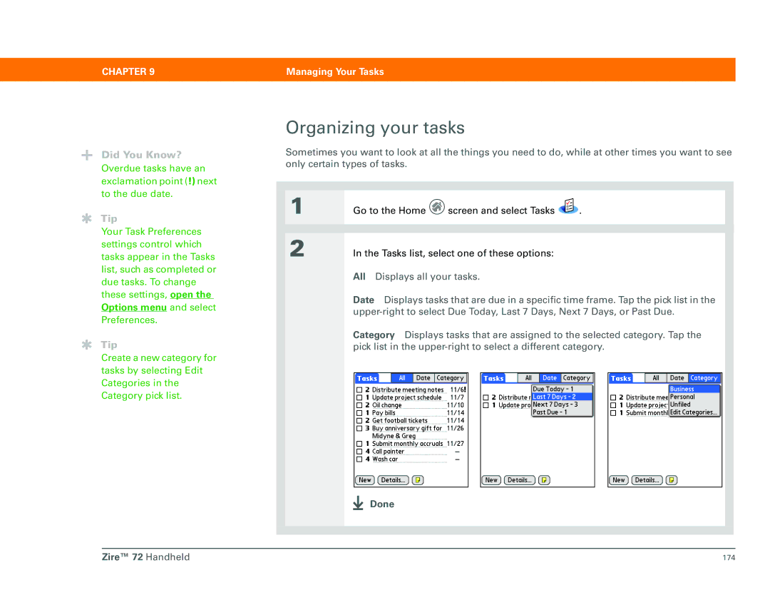 Palm Zire 72 manual Organizing your tasks, Options menu and select 