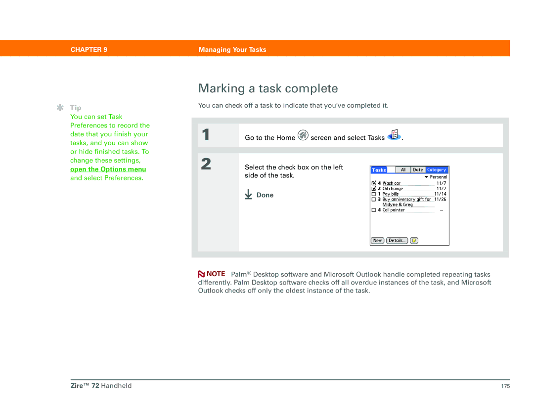 Palm Zire 72 manual Marking a task complete, Open the Options menu 