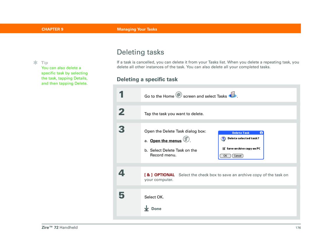 Palm Zire 72 manual Deleting tasks, Deleting a specific task 