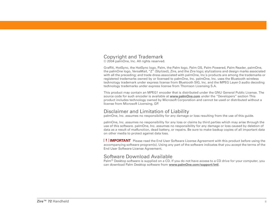 Palm manual Copyright and Trademark, Zire 72 Handheld 