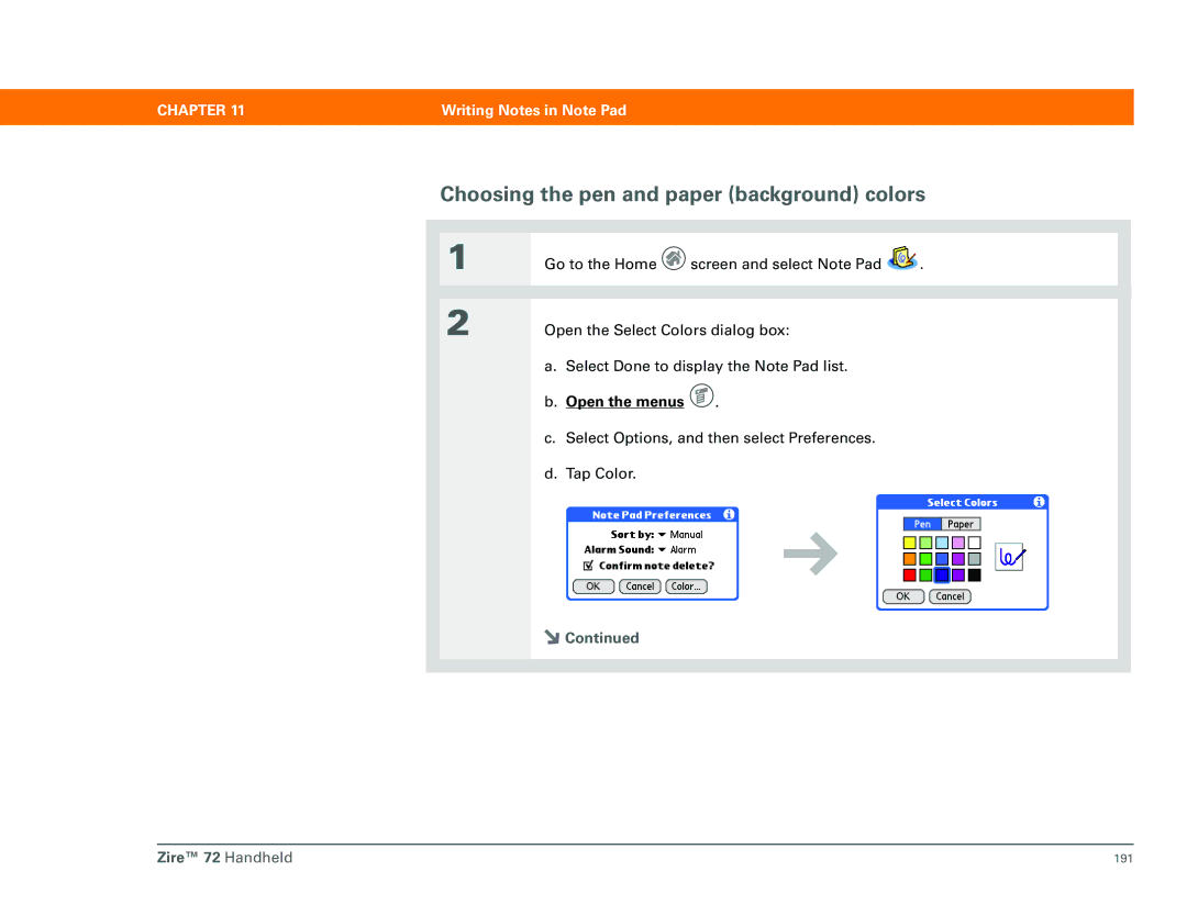Palm Zire 72 manual Choosing the pen and paper background colors 