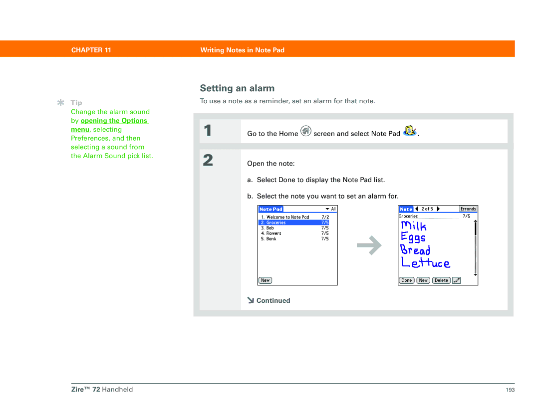 Palm Zire 72 manual By opening the Options, To use a note as a reminder, set an alarm for that note 