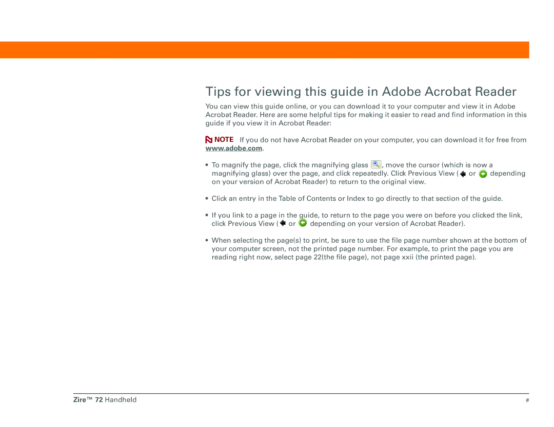 Palm Zire 72 manual Tips for viewing this guide in Adobe Acrobat Reader 