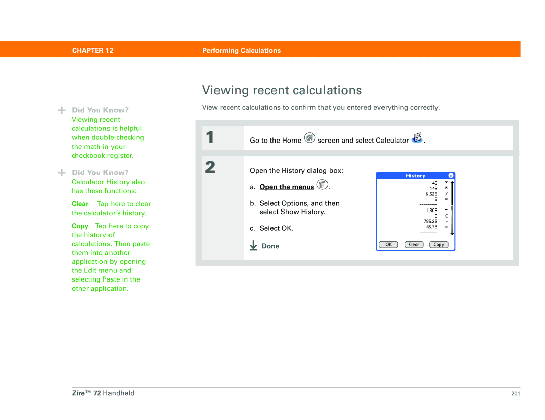 Palm manual Viewing recent calculations, Done Zire 72 Handheld 