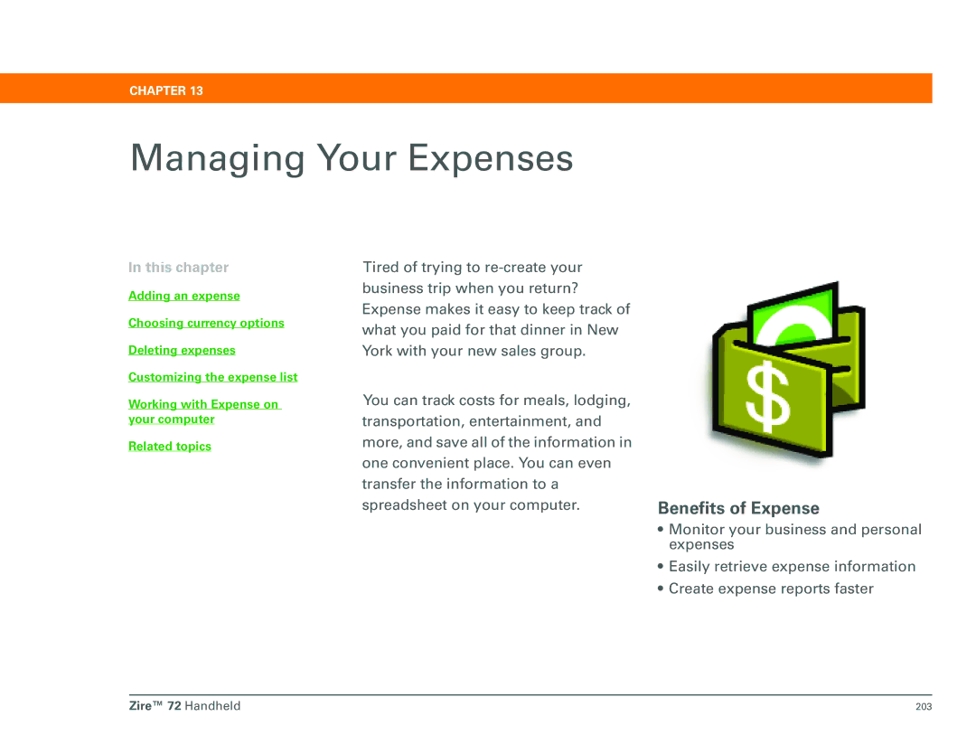 Palm Zire 72 manual Managing Your Expenses, Benefits of Expense 