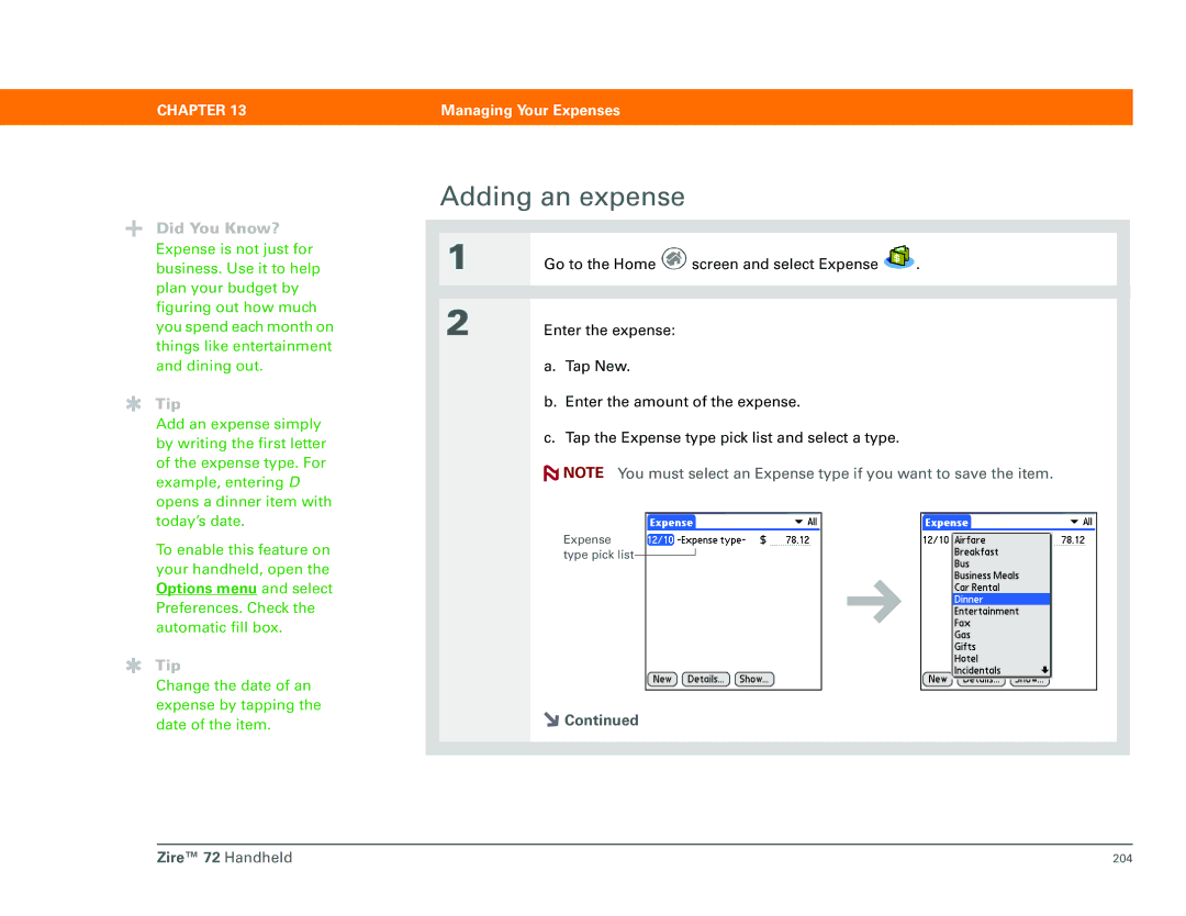 Palm Zire 72 manual Adding an expense 