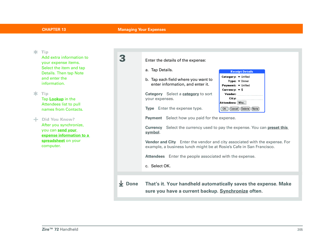 Palm Zire 72 manual You can send your, Symbol, Expense information to a Spreadsheet on your 