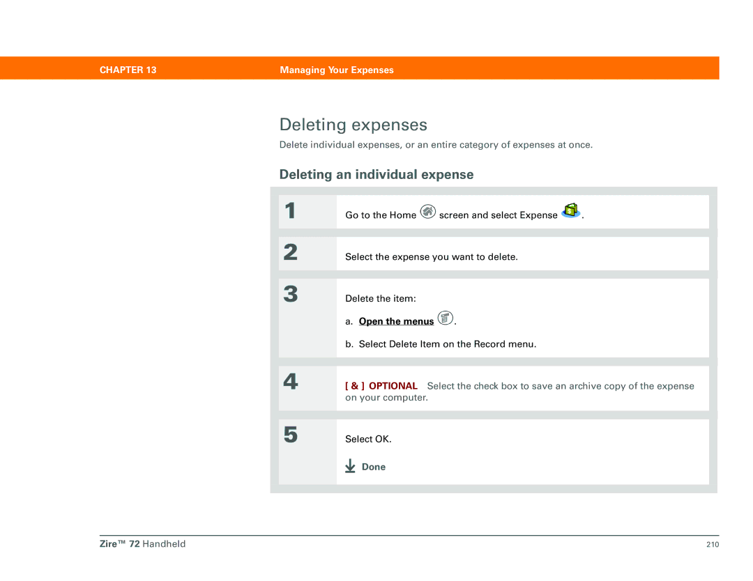 Palm Zire 72 manual Deleting expenses, Deleting an individual expense 