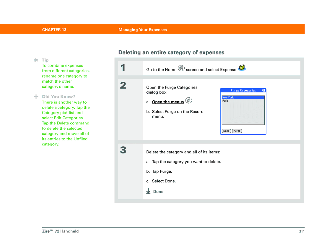 Palm Zire 72 manual Deleting an entire category of expenses 