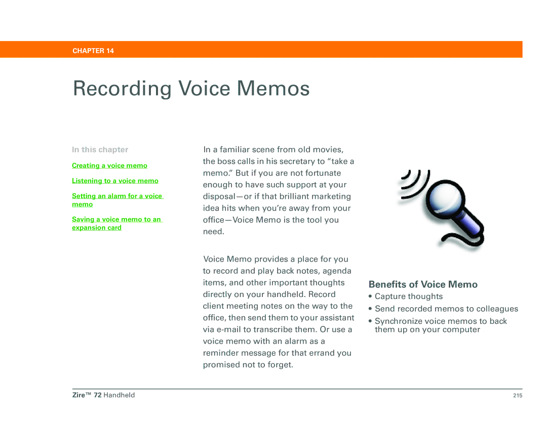 Palm Zire 72 manual Recording Voice Memos, Benefits of Voice Memo 