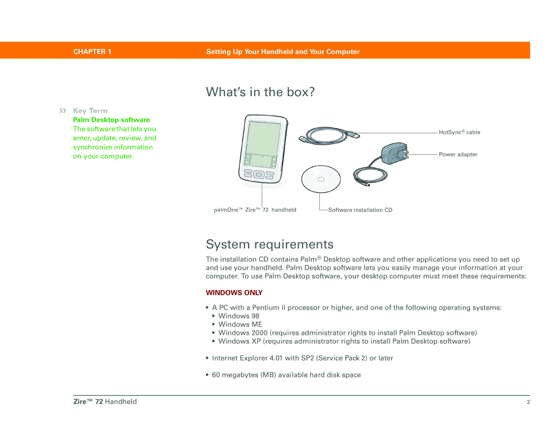 Palm Zire 72 manual What’s in the box?, System requirements, Palm Desktop software 