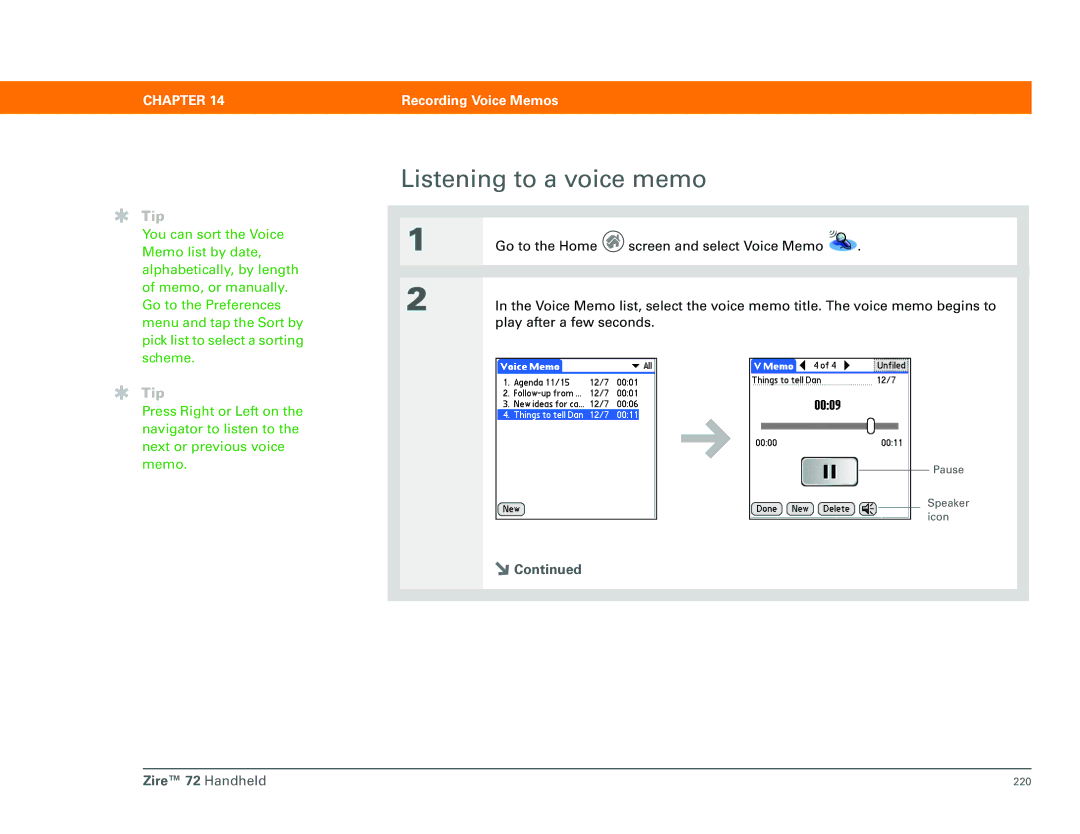 Palm Zire 72 manual Listening to a voice memo 