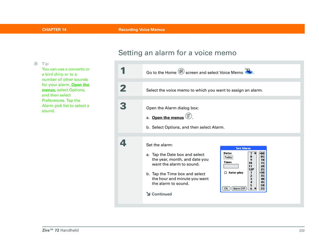 Palm Zire 72 manual Setting an alarm for a voice memo 