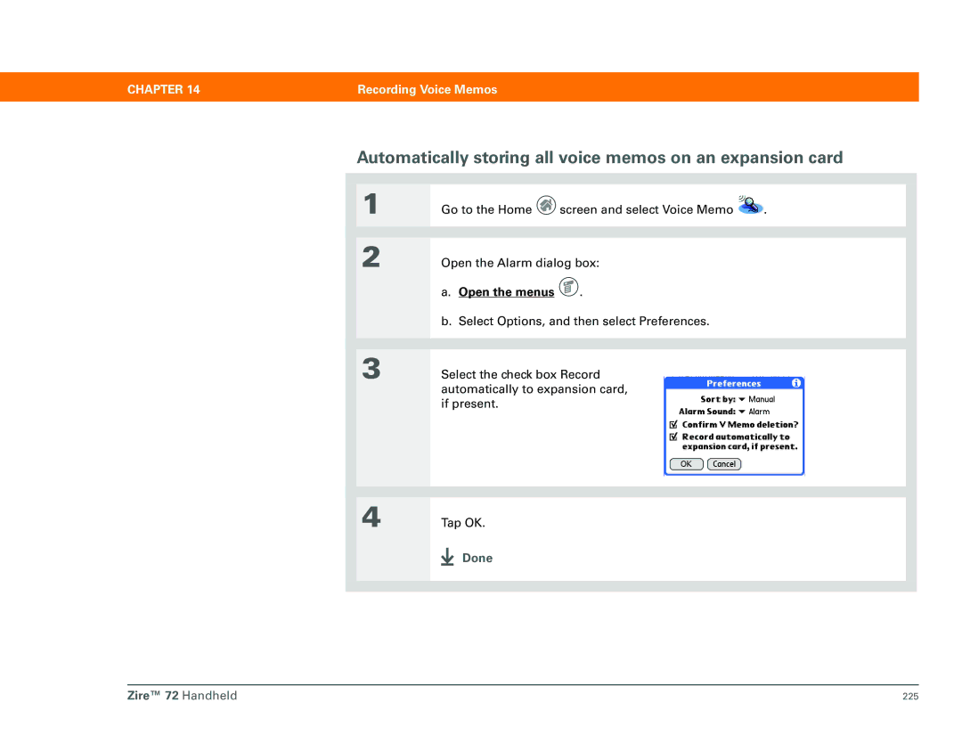 Palm Zire 72 manual Automatically storing all voice memos on an expansion card 