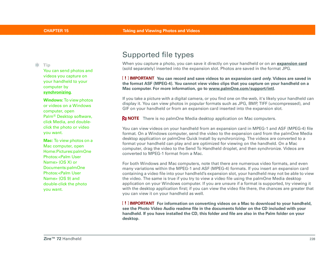 Palm Zire 72 manual Supported file types, Synchronizing 