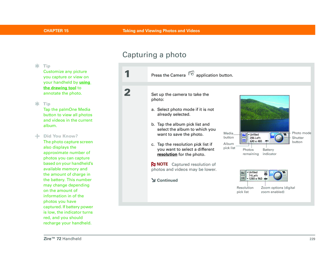 Palm Zire 72 manual Capturing a photo, Drawing tool to 