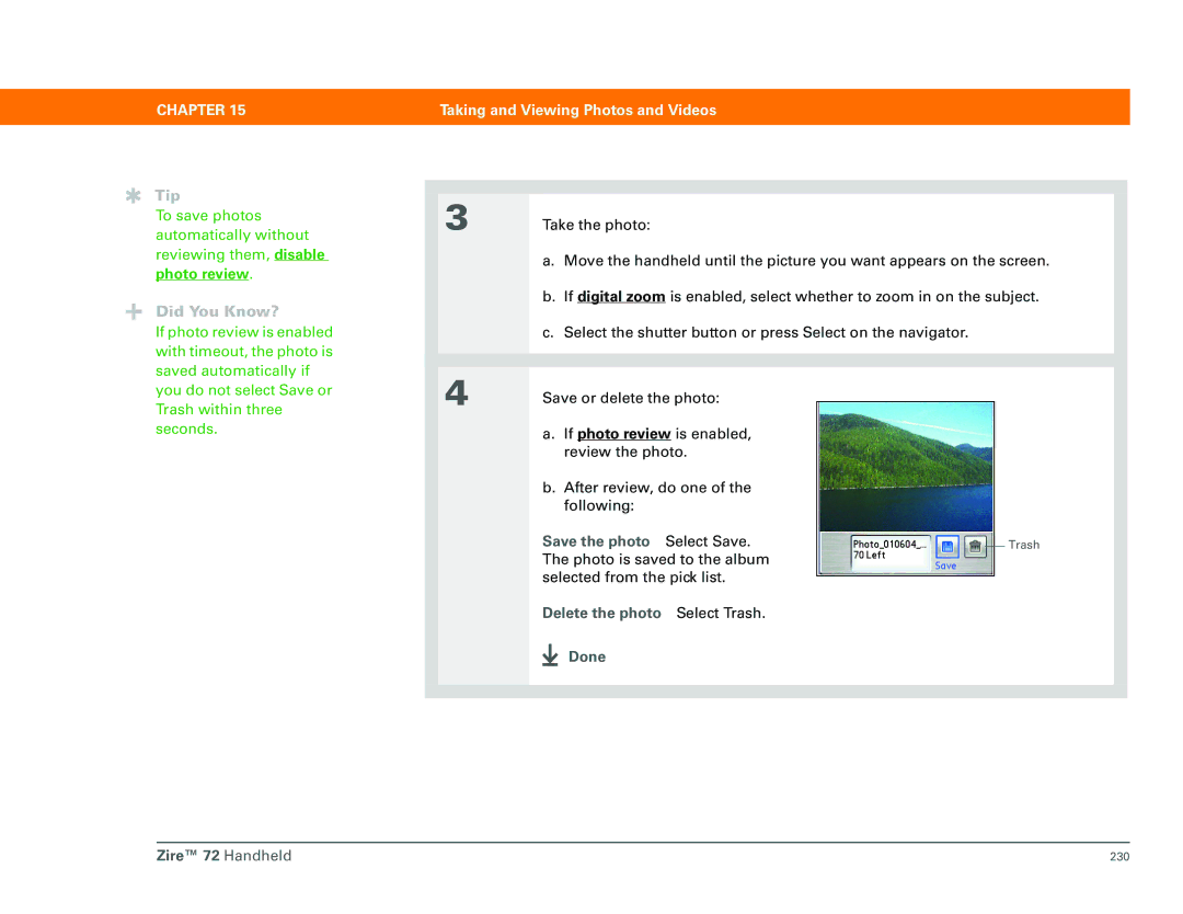 Palm Zire 72 manual Photo review, Save the photo, Delete the photo 