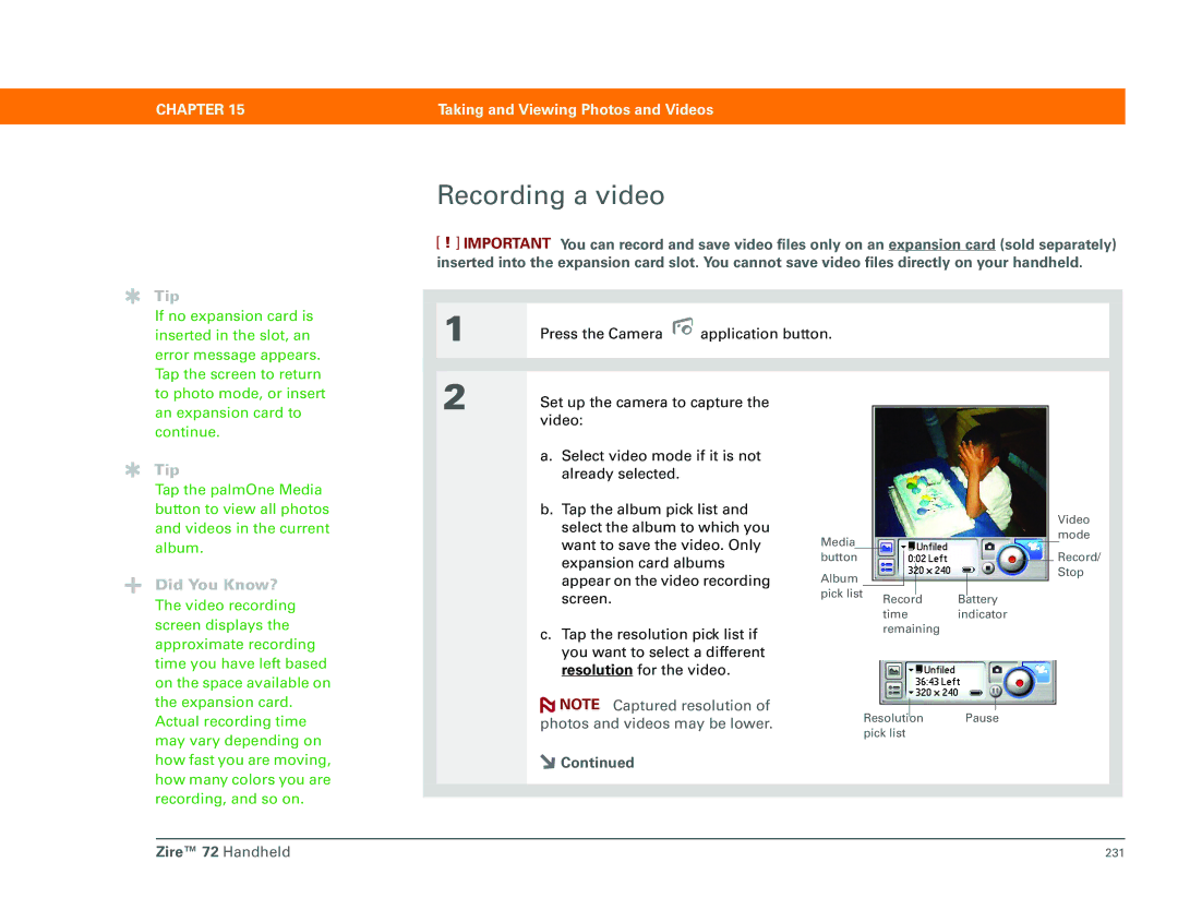 Palm Zire 72 manual Recording a video 