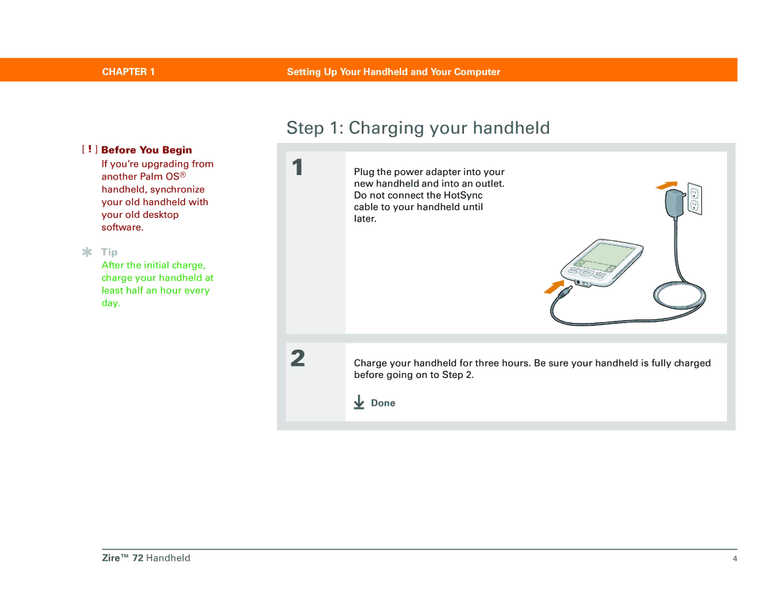 Palm manual Charging your handheld, Done Zire 72 Handheld 