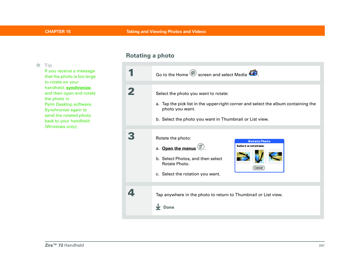 Palm Zire 72 manual Rotating a photo 