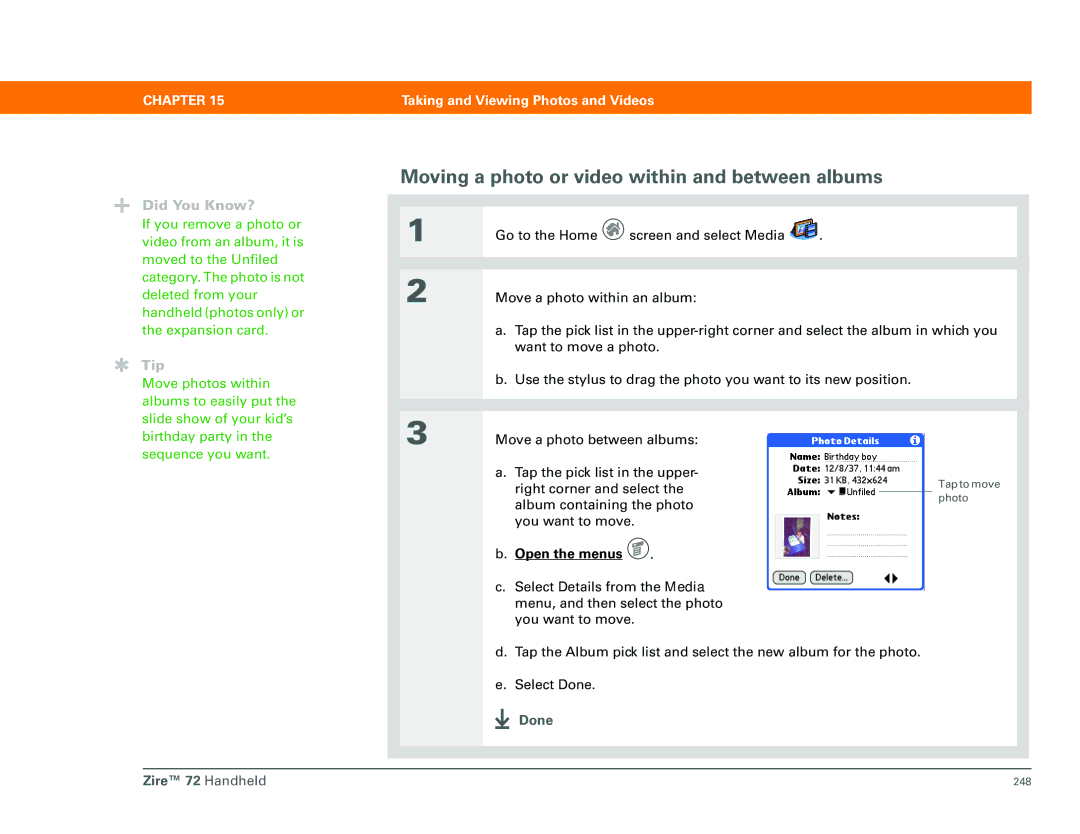 Palm Zire 72 manual Moving a photo or video within and between albums, Birthday party in the sequence you want 