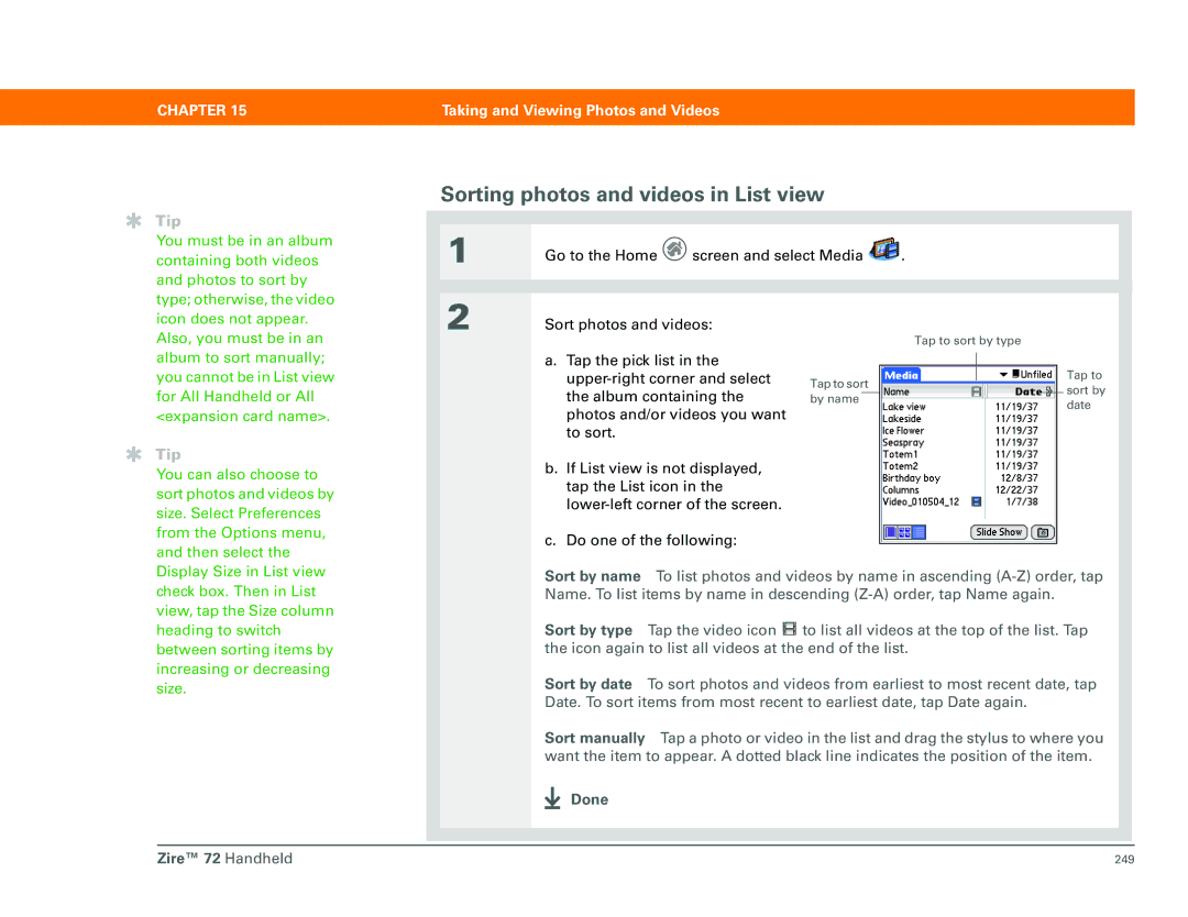 Palm Zire 72 manual Sorting photos and videos in List view 