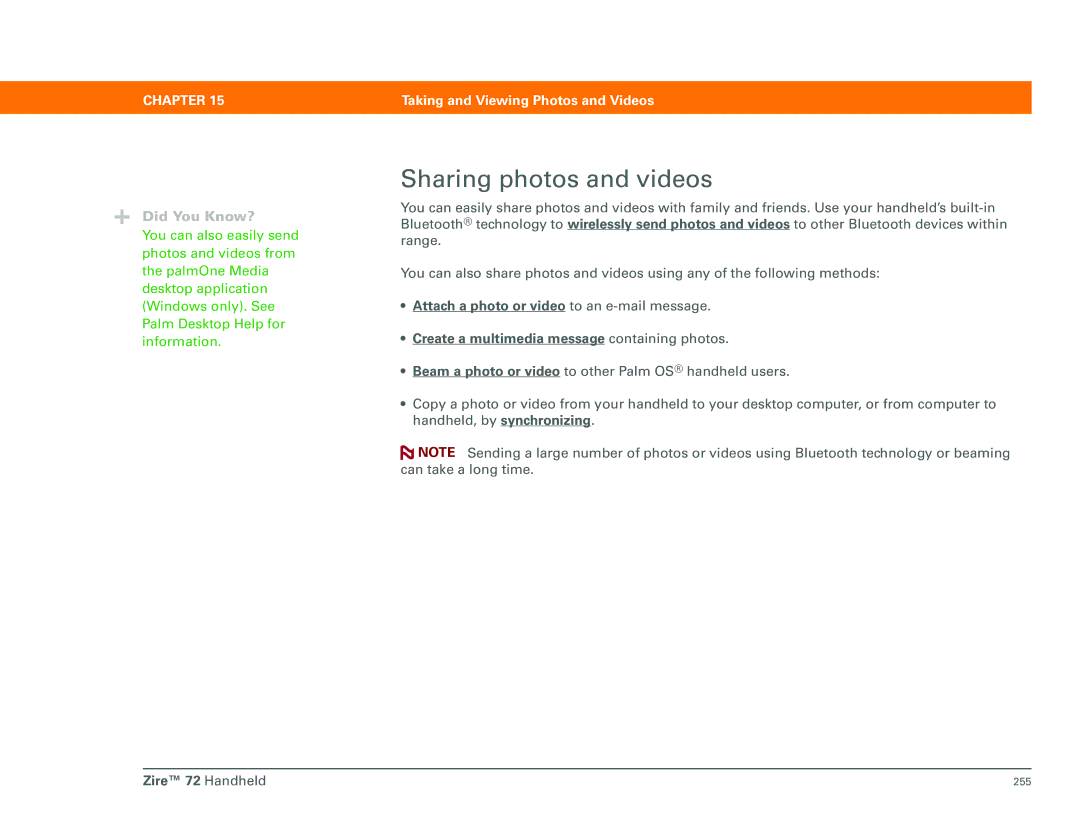 Palm Zire 72 manual Sharing photos and videos 