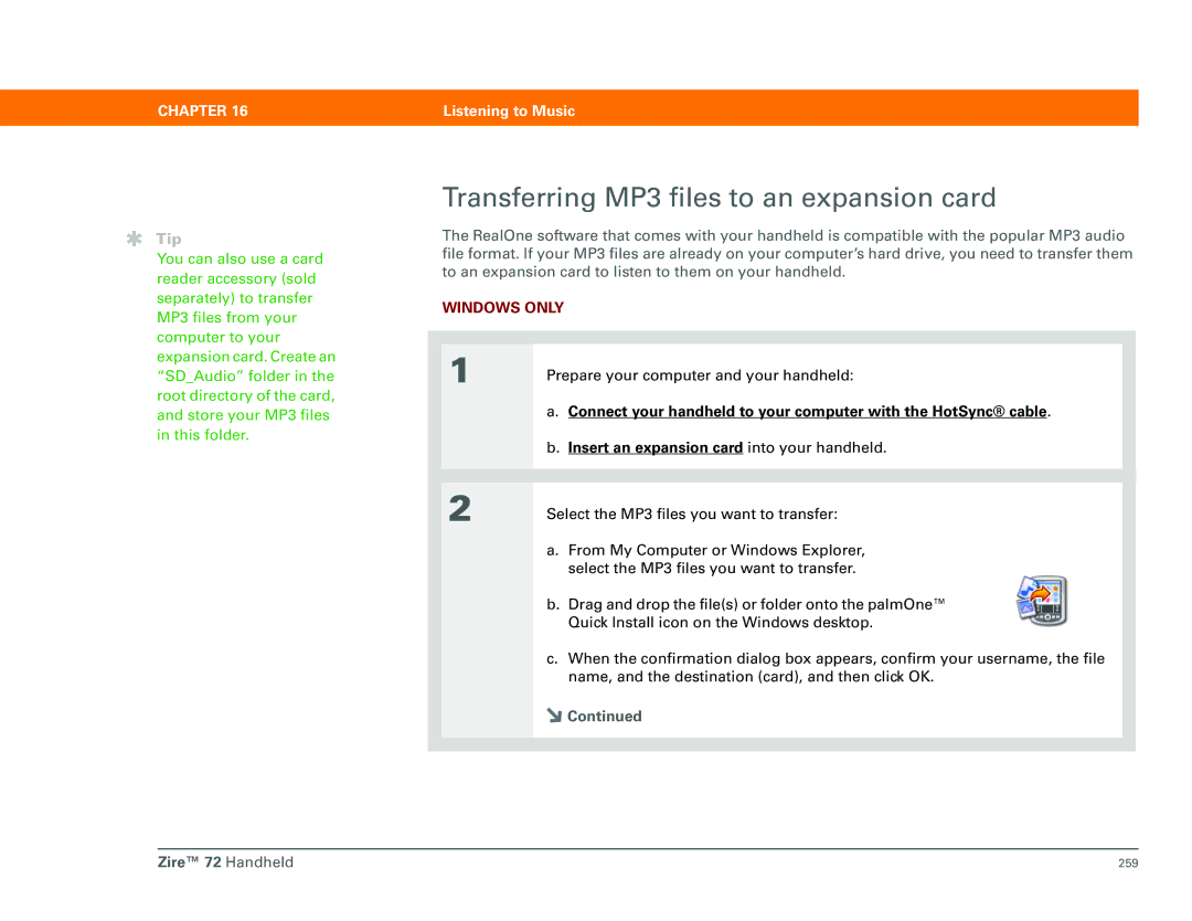 Palm Zire 72 manual Transferring MP3 files to an expansion card, Insert an expansion card into your handheld 