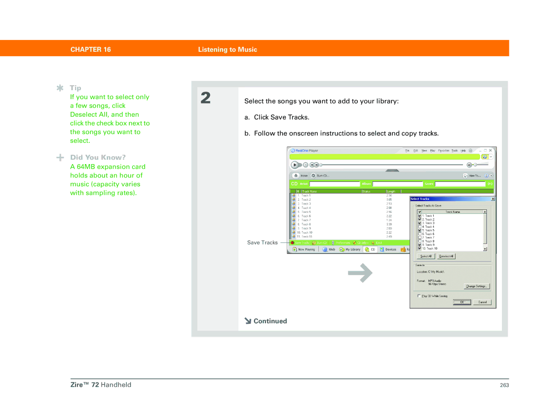 Palm Zire 72 manual Save Tracks 