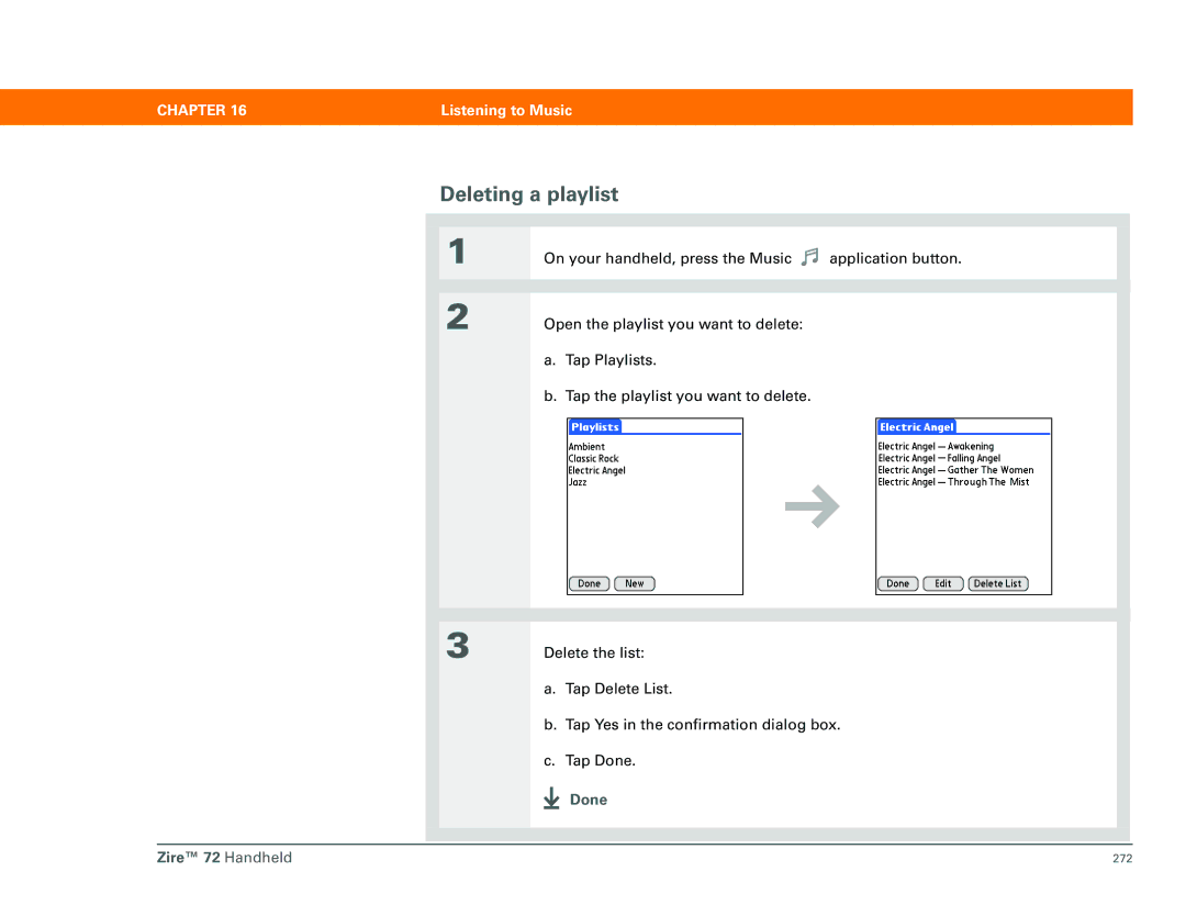 Palm Zire 72 manual Deleting a playlist 